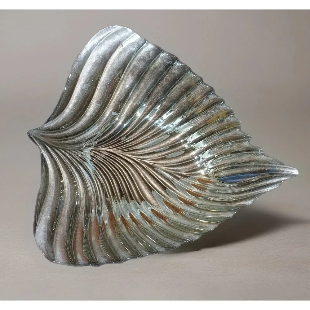 Bowl Akcam Gold Leaf Turkish Glass Holiday 13" x 12" x 3" Clear Silver Back - Picture 1 of 13